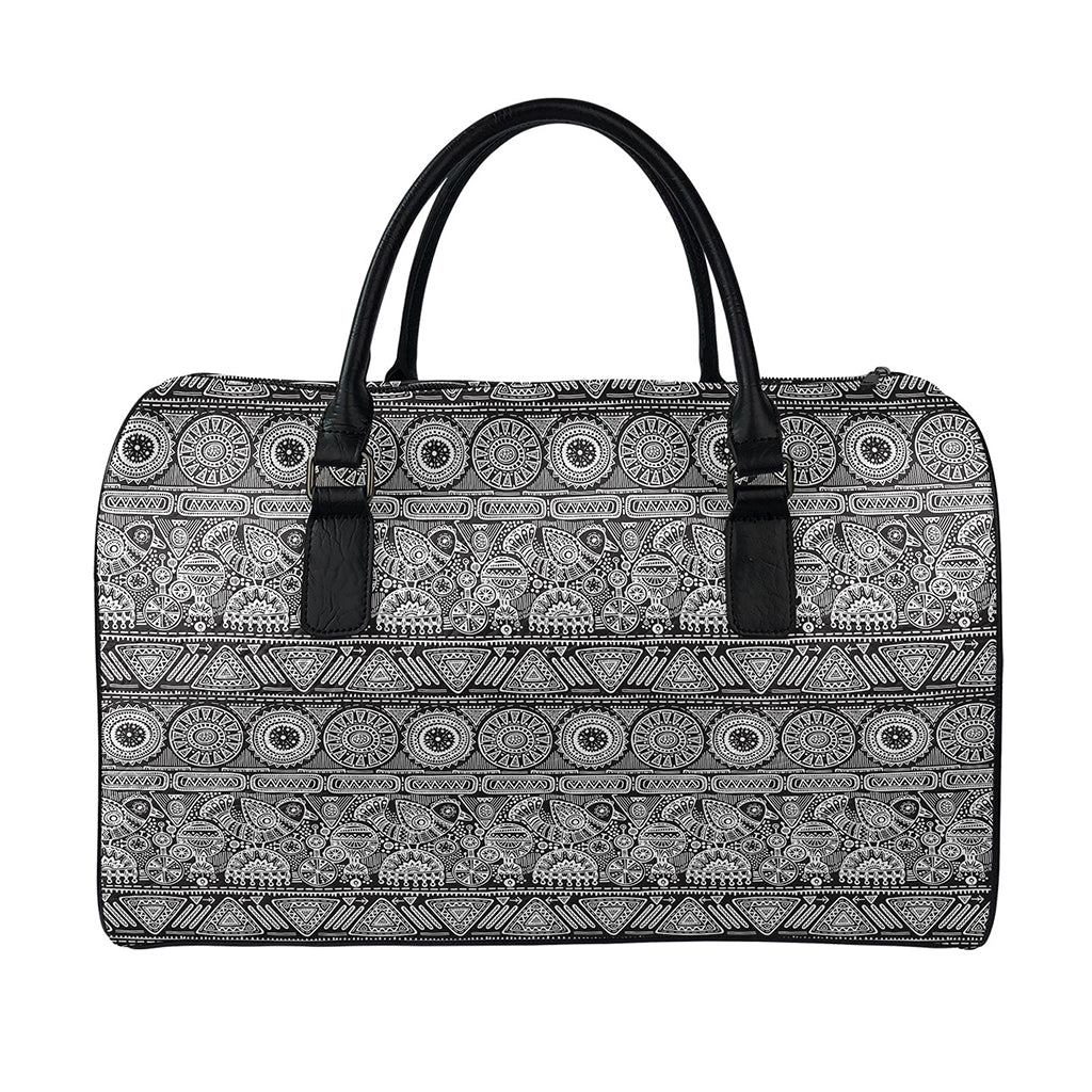 Black And White Ethnic Pattern Print Leather Duffle Bag