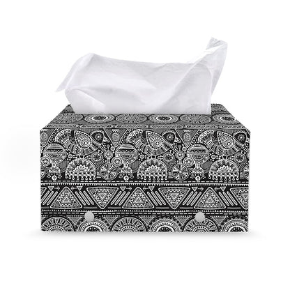 Black And White Ethnic Pattern Print Leather Tissue Box Cover