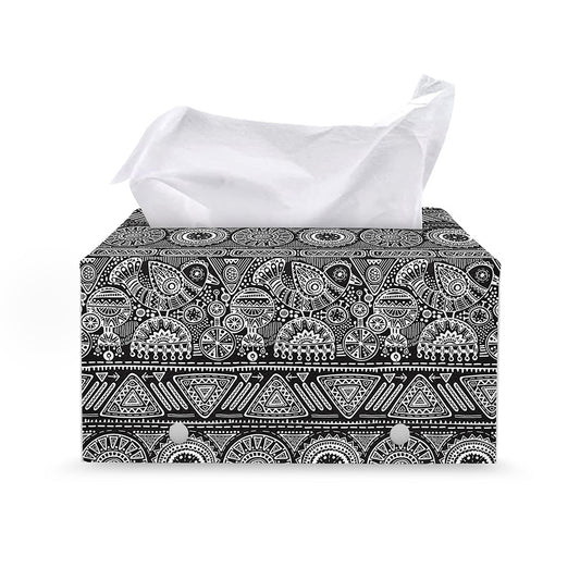Black And White Ethnic Pattern Print Leather Tissue Box Cover