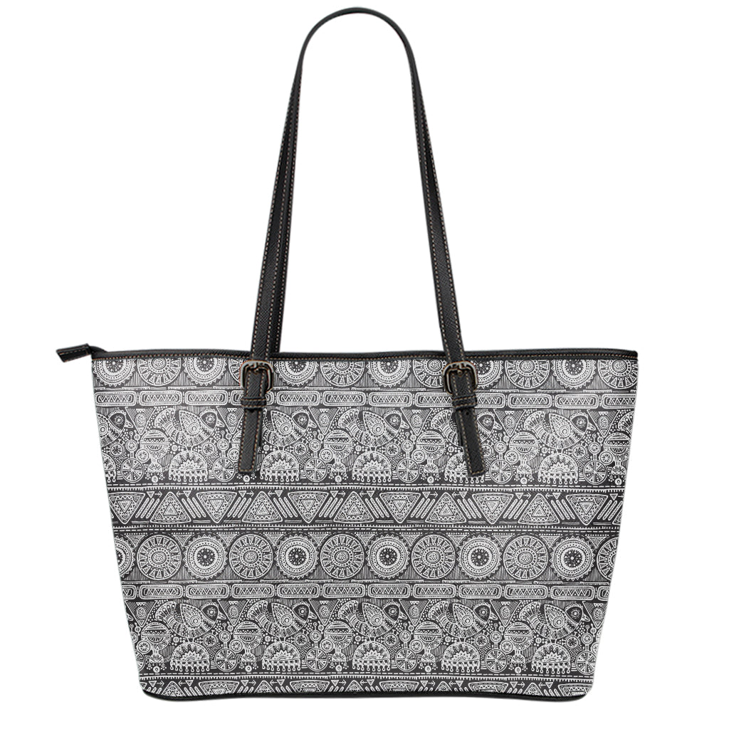 Black And White Ethnic Pattern Print Leather Tote Bag