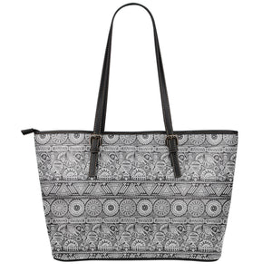 Black And White Ethnic Pattern Print Leather Tote Bag