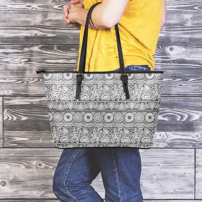 Black And White Ethnic Pattern Print Leather Tote Bag