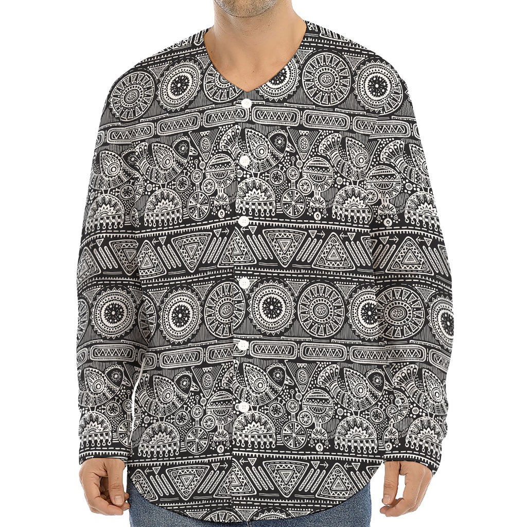 Black And White Ethnic Pattern Print Long Sleeve Baseball Jersey