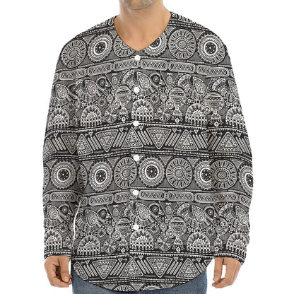 Black And White Ethnic Pattern Print Long Sleeve Baseball Jersey