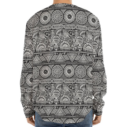 Black And White Ethnic Pattern Print Long Sleeve Baseball Jersey