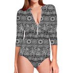 Black And White Ethnic Pattern Print Long Sleeve Swimsuit