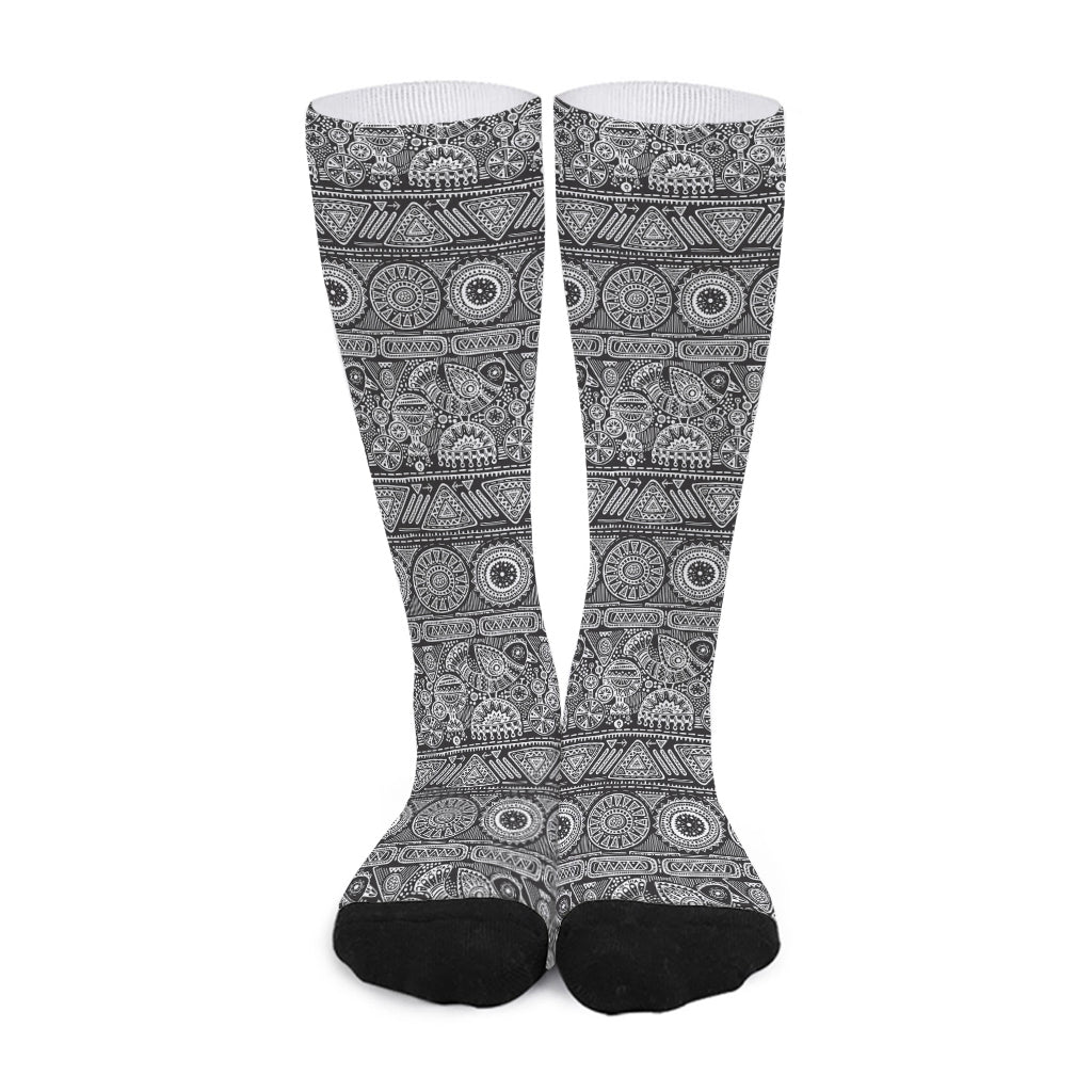 Black And White Ethnic Pattern Print Long Socks