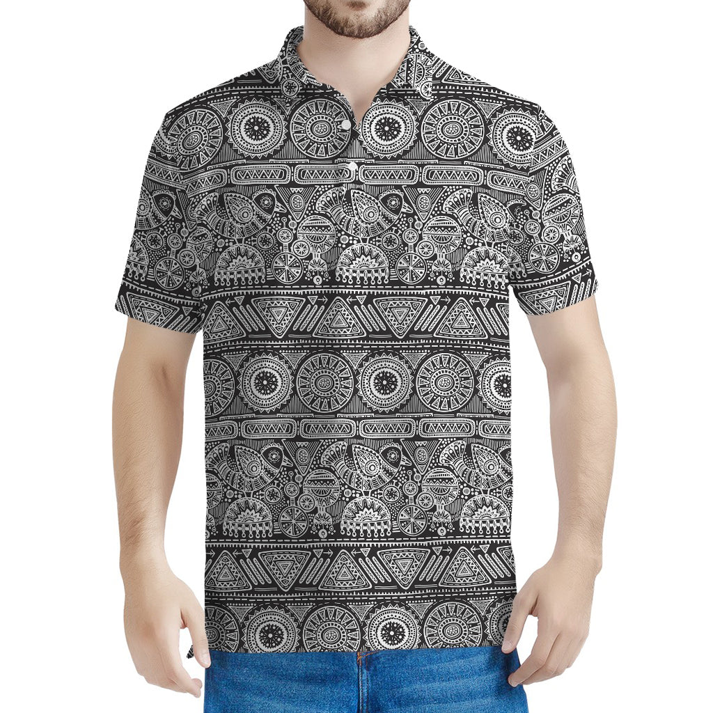Black And White Ethnic Pattern Print Men's Polo Shirt