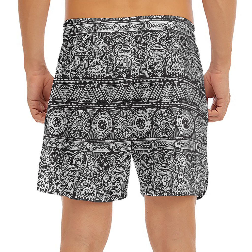 Black And White Ethnic Pattern Print Men's Split Running Shorts