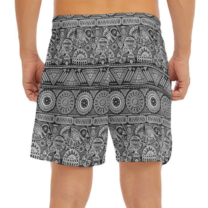 Black And White Ethnic Pattern Print Men's Split Running Shorts