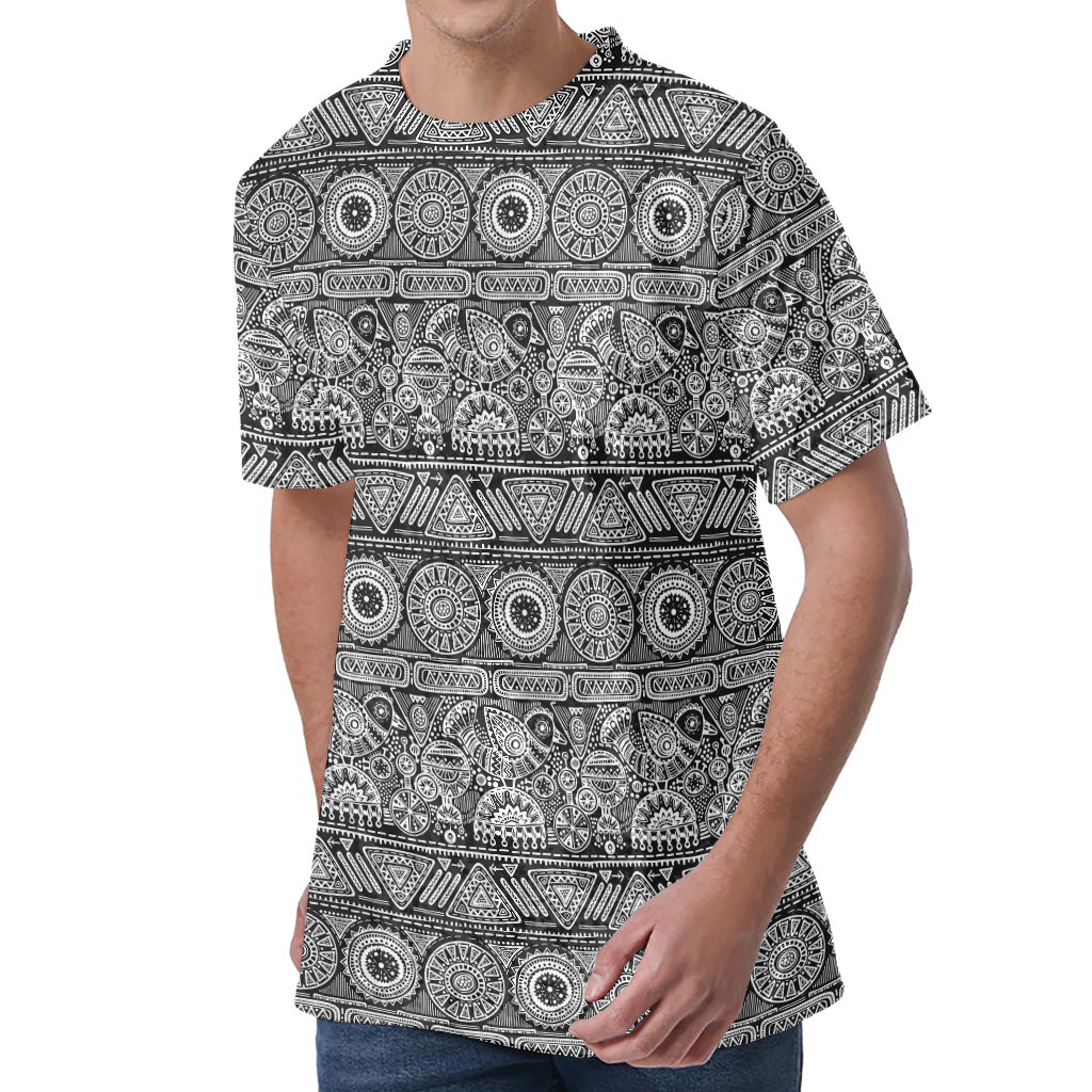 Black And White Ethnic Pattern Print Men's Velvet T-Shirt