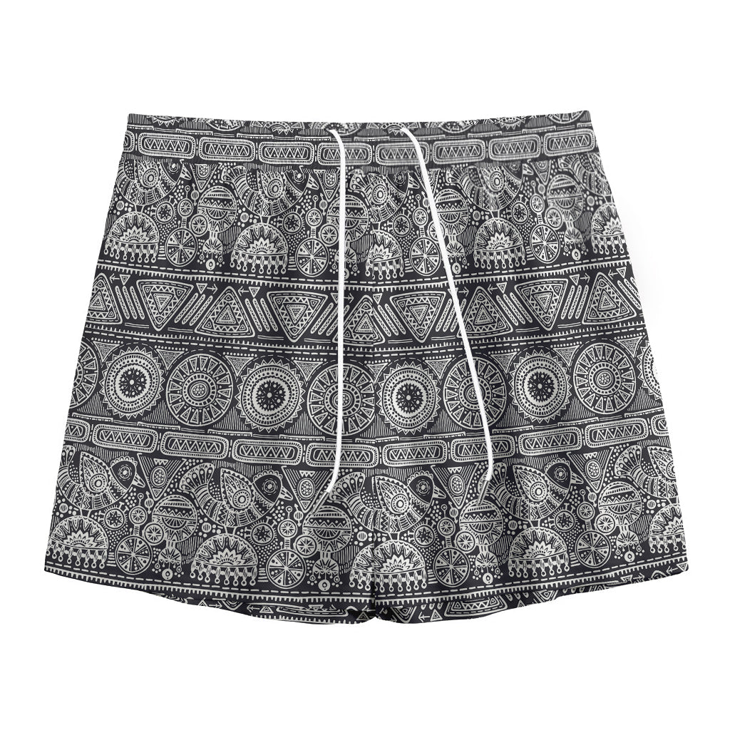 Black And White Ethnic Pattern Print Mesh Shorts
