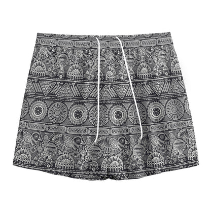 Black And White Ethnic Pattern Print Mesh Shorts