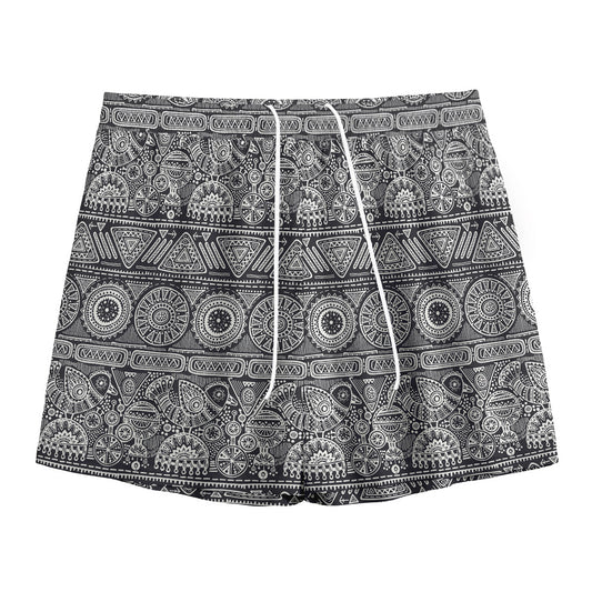 Black And White Ethnic Pattern Print Mesh Shorts