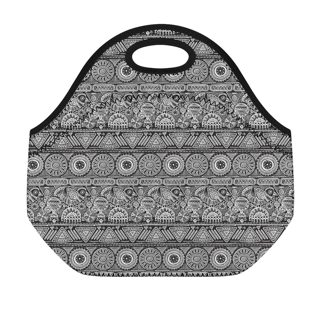 Black And White Ethnic Pattern Print Neoprene Lunch Bag