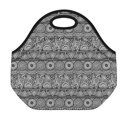 Black And White Ethnic Pattern Print Neoprene Lunch Bag