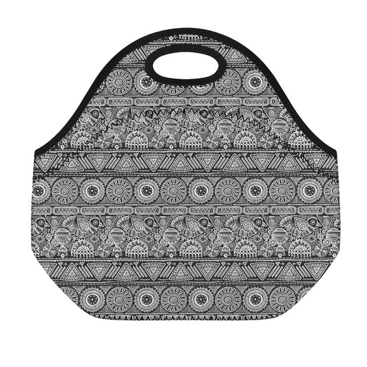 Black And White Ethnic Pattern Print Neoprene Lunch Bag