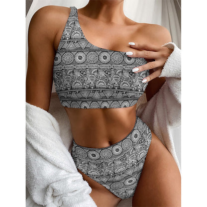 Black And White Ethnic Pattern Print One Shoulder Bikini Top