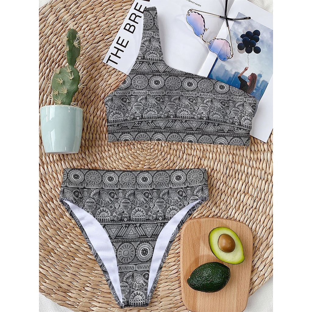 Black And White Ethnic Pattern Print One Shoulder Bikini Top