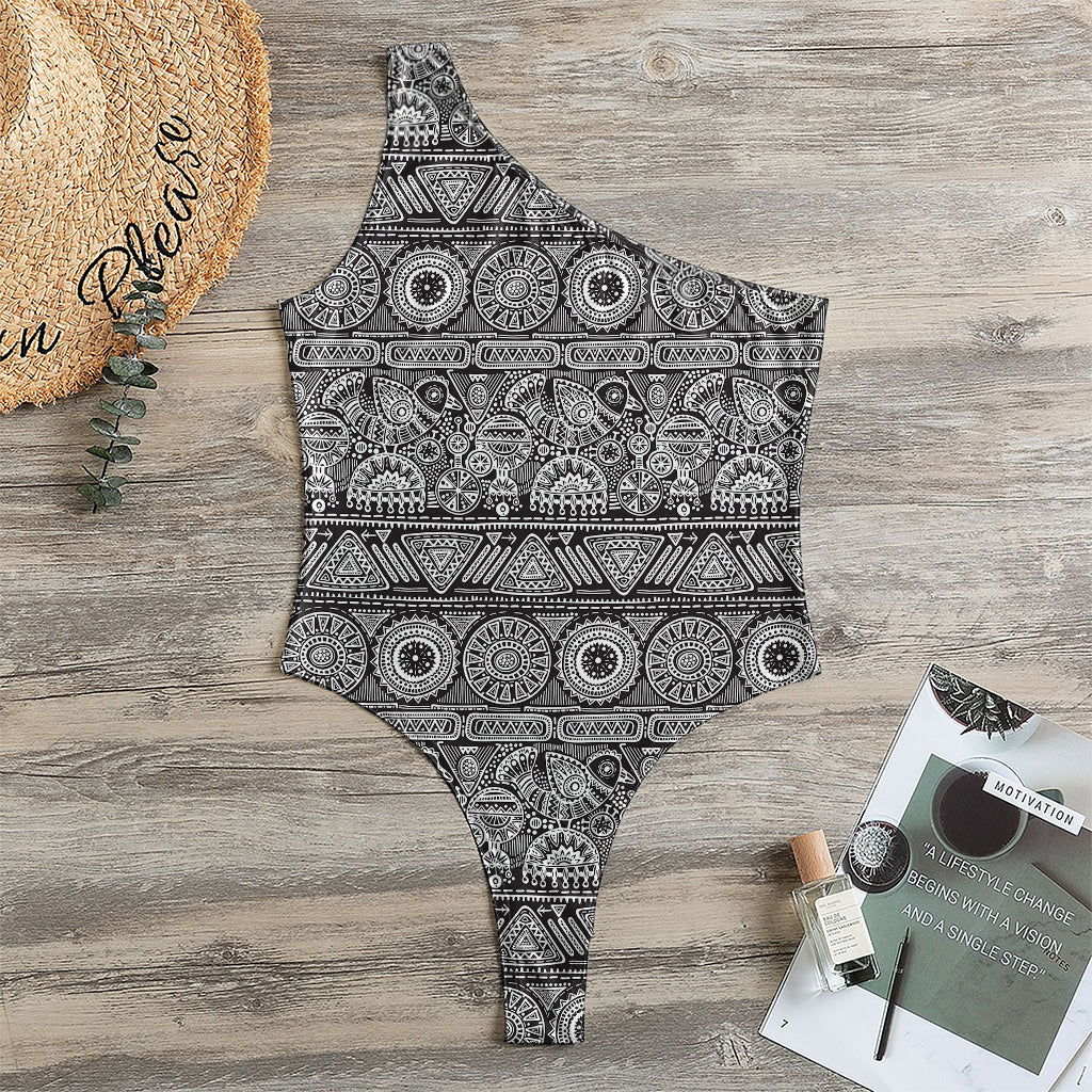 Black And White Ethnic Pattern Print One Shoulder Bodysuit