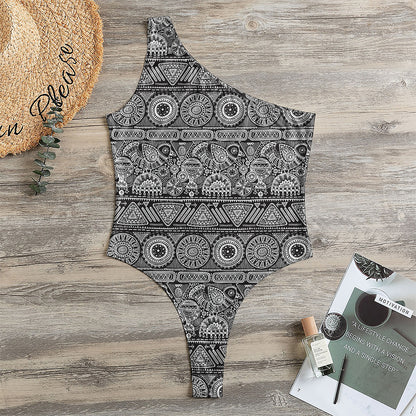 Black And White Ethnic Pattern Print One Shoulder Bodysuit
