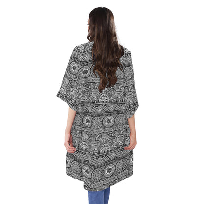 Black And White Ethnic Pattern Print Open Front Beach Cover Up