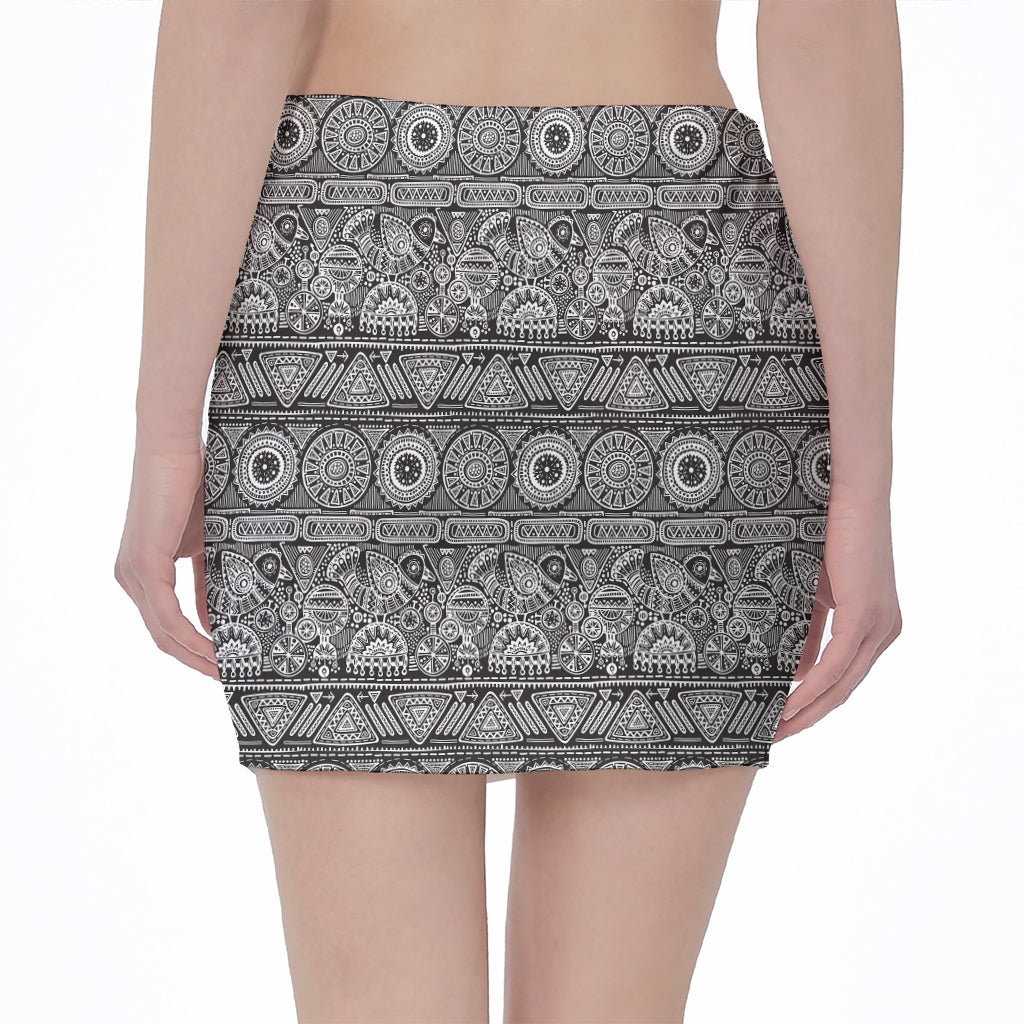 Black And White Ethnic Pattern Print Pencil Mini Skirt