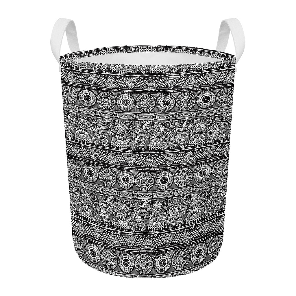 Black And White Ethnic Pattern Print Round Laundry Basket