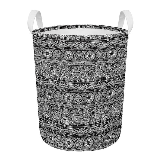 Black And White Ethnic Pattern Print Round Laundry Basket