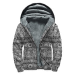 Black And White Ethnic Pattern Print Sherpa Lined Zip Up Hoodie