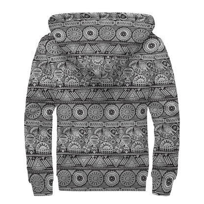 Black And White Ethnic Pattern Print Sherpa Lined Zip Up Hoodie