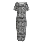 Black And White Ethnic Pattern Print Short Sleeve Long Nightdress