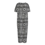 Black And White Ethnic Pattern Print Short Sleeve Long Nightdress