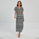 Black And White Ethnic Pattern Print Short Sleeve Maxi Dress