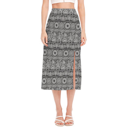 Black And White Ethnic Pattern Print Side Slit Midi Skirt