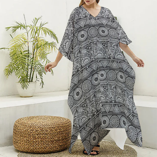 Black And White Ethnic Pattern Print Silk V-Neck Kaftan Dress