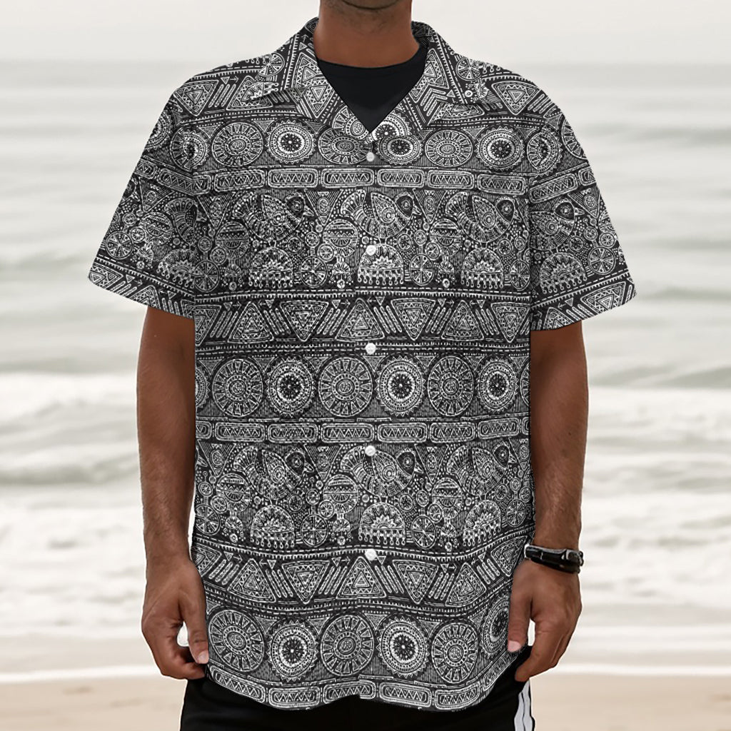 Black And White Ethnic Pattern Print Textured Short Sleeve Shirt