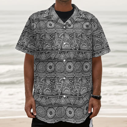 Black And White Ethnic Pattern Print Textured Short Sleeve Shirt