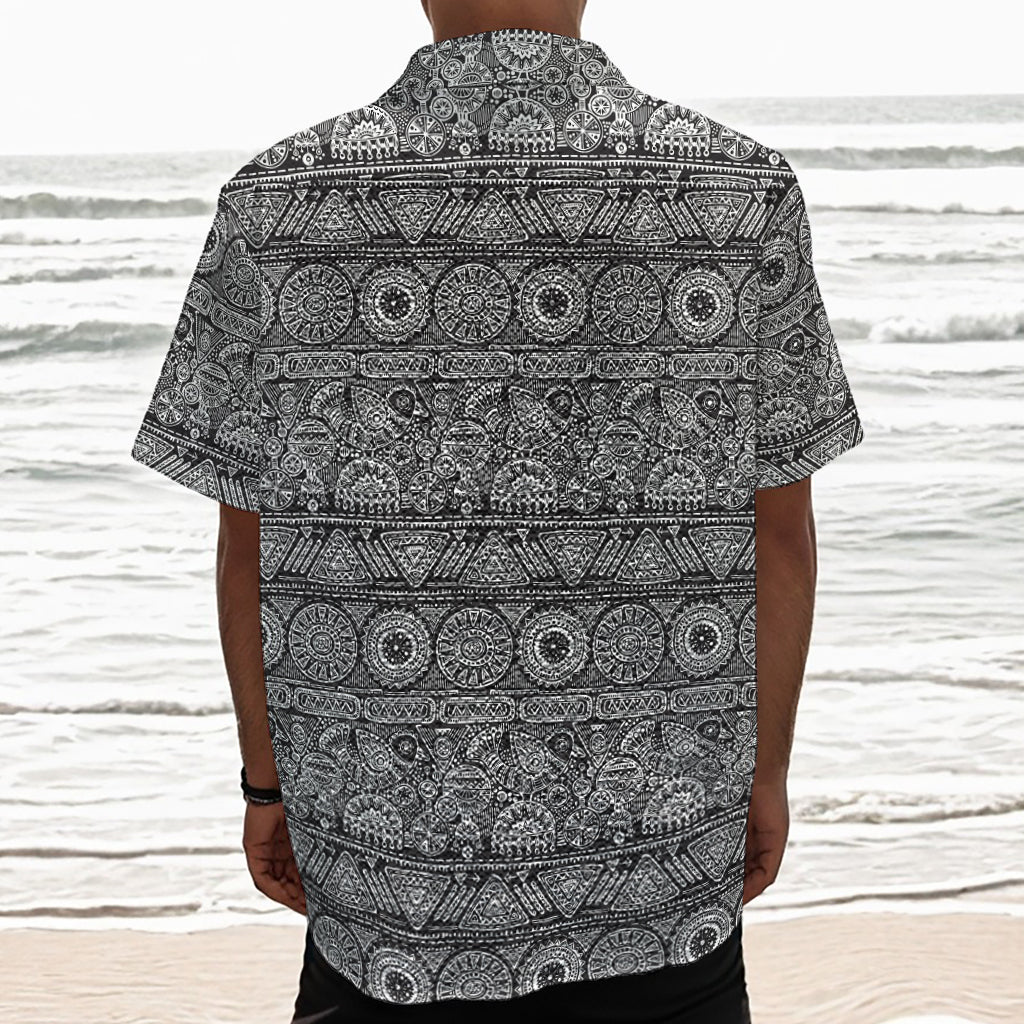 Black And White Ethnic Pattern Print Textured Short Sleeve Shirt