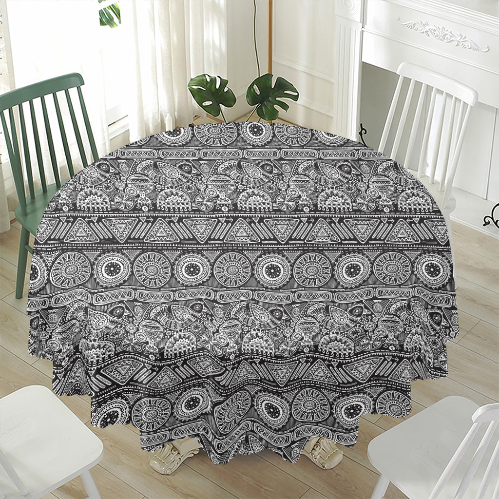 Black And White Ethnic Pattern Print Waterproof Round Tablecloth