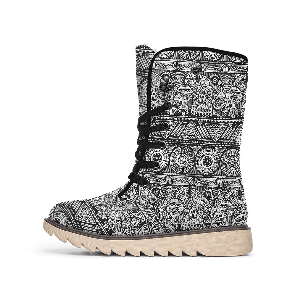 Black And White Ethnic Pattern Print Winter Boots