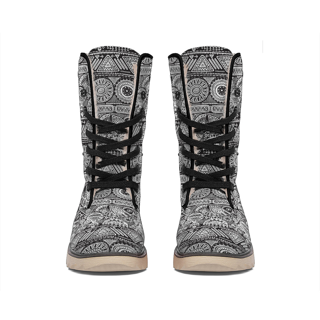 Black And White Ethnic Pattern Print Winter Boots