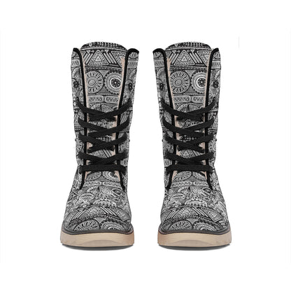 Black And White Ethnic Pattern Print Winter Boots