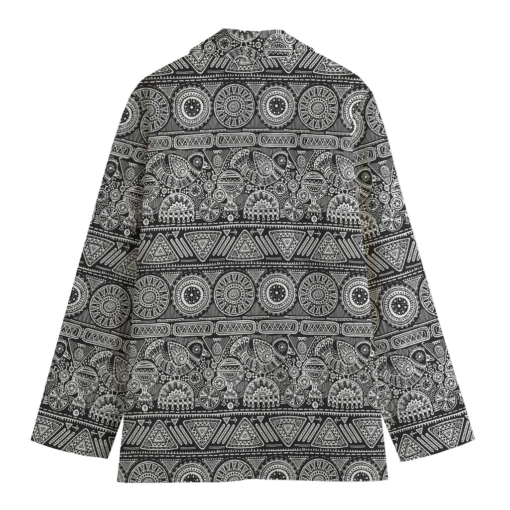 Black And White Ethnic Pattern Print Women's Cotton Blazer