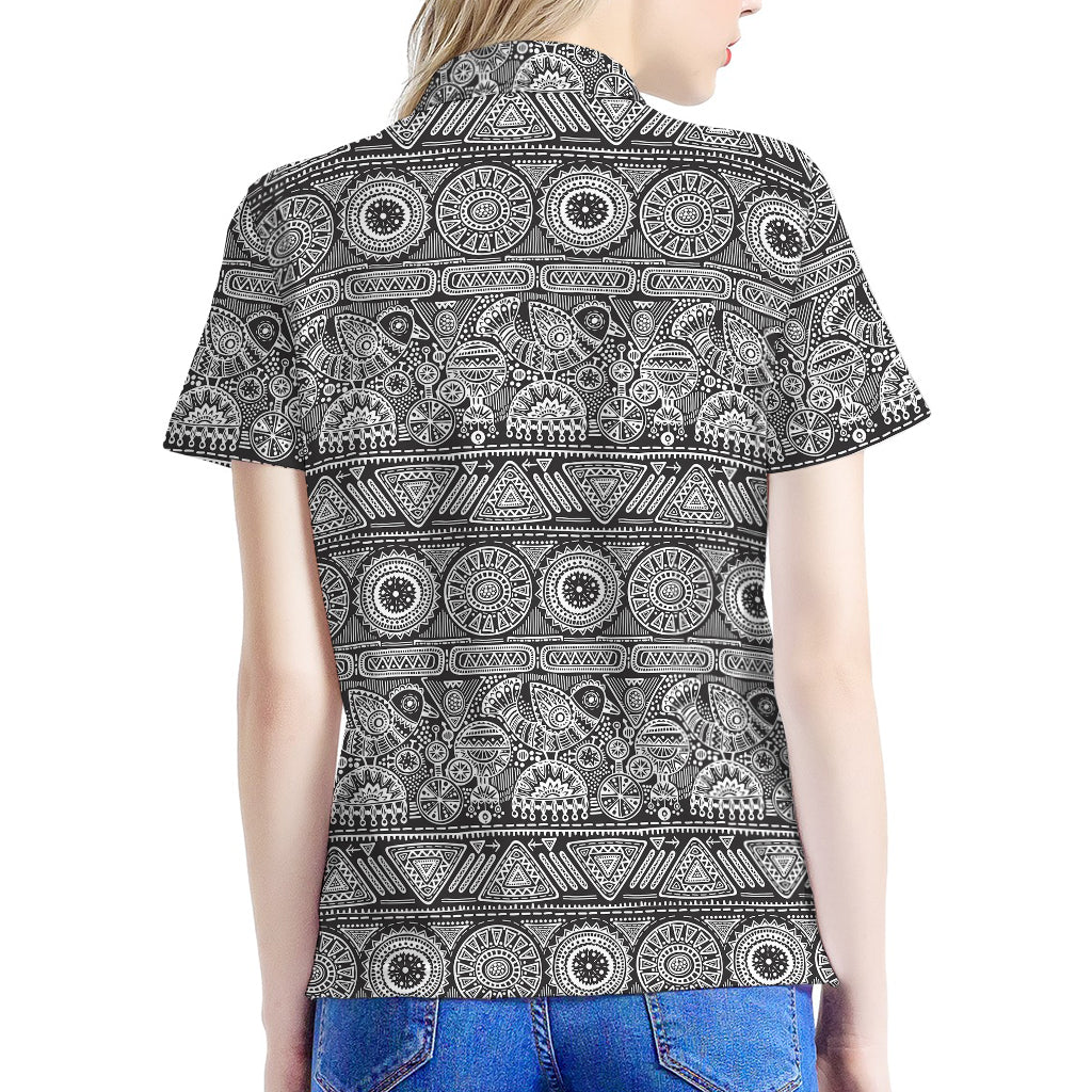 Black And White Ethnic Pattern Print Women's Polo Shirt