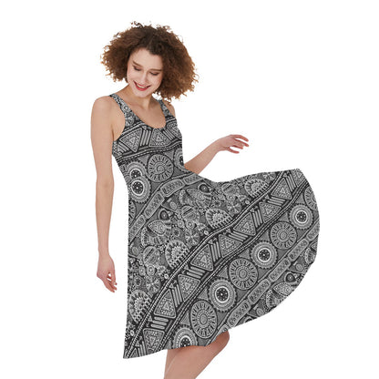 Black And White Ethnic Pattern Print Women's Sleeveless Dress