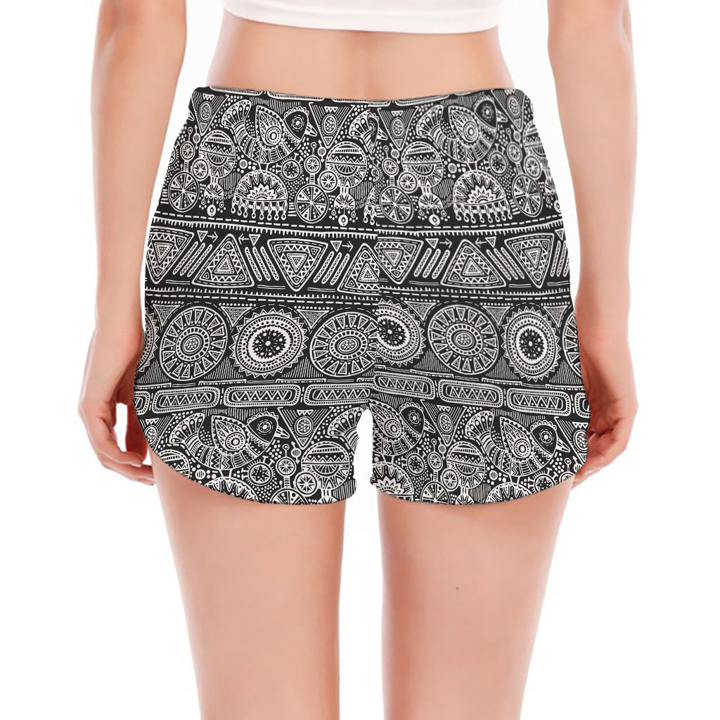 Black And White Ethnic Pattern Print Women's Split Running Shorts