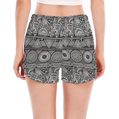 Black And White Ethnic Pattern Print Women's Split Running Shorts