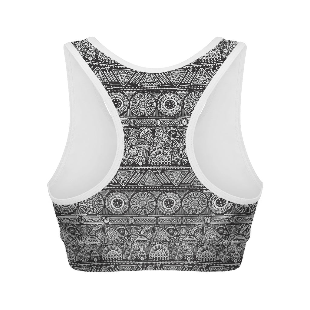 Black And White Ethnic Pattern Print Women's Sports Bra