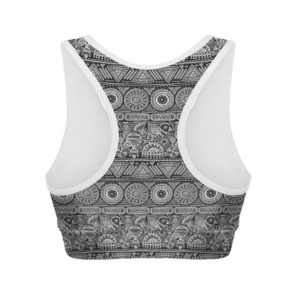 Black And White Ethnic Pattern Print Women's Sports Bra